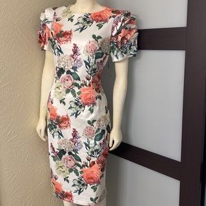 Rose-Print Puff-Sleeve Sheath Dress